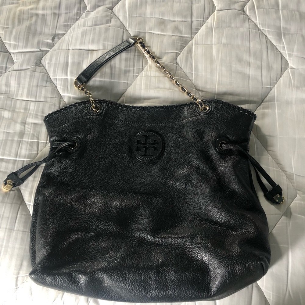 Tory Burch black tote bag with gold chain handles